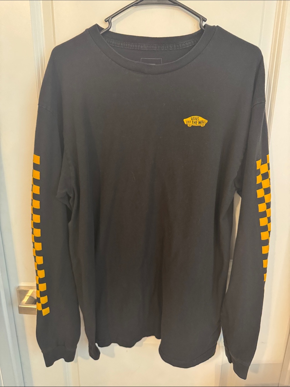 Vans Black Long Sleeve Tee with Yellow Checkerboard Sleeves